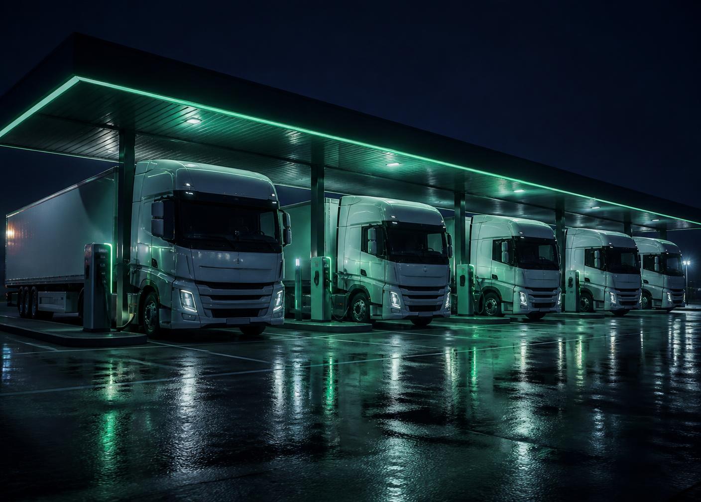 Dépôt de recharge nocturne avec camions électriques branchés sous une canopée éclairée